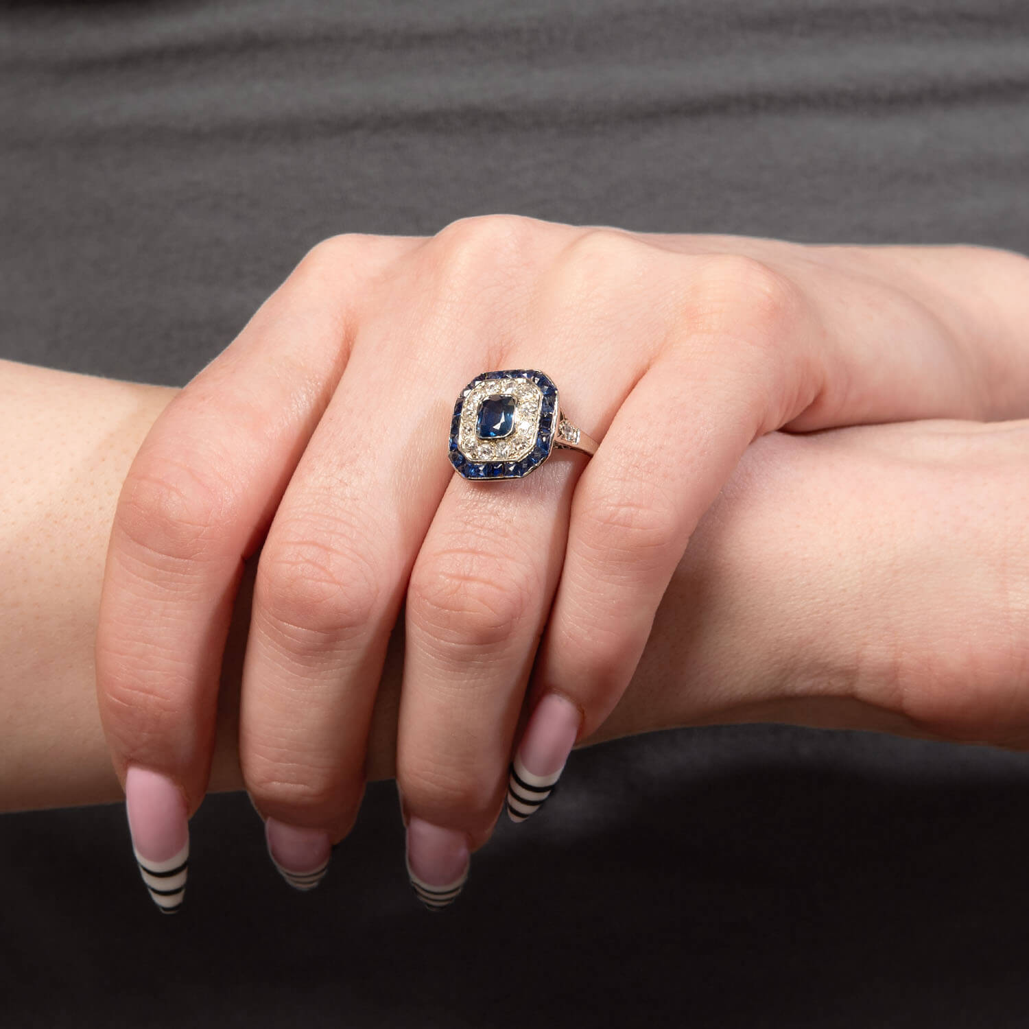 Edwardian French Platinum Sapphire & Diamond Halo Ring