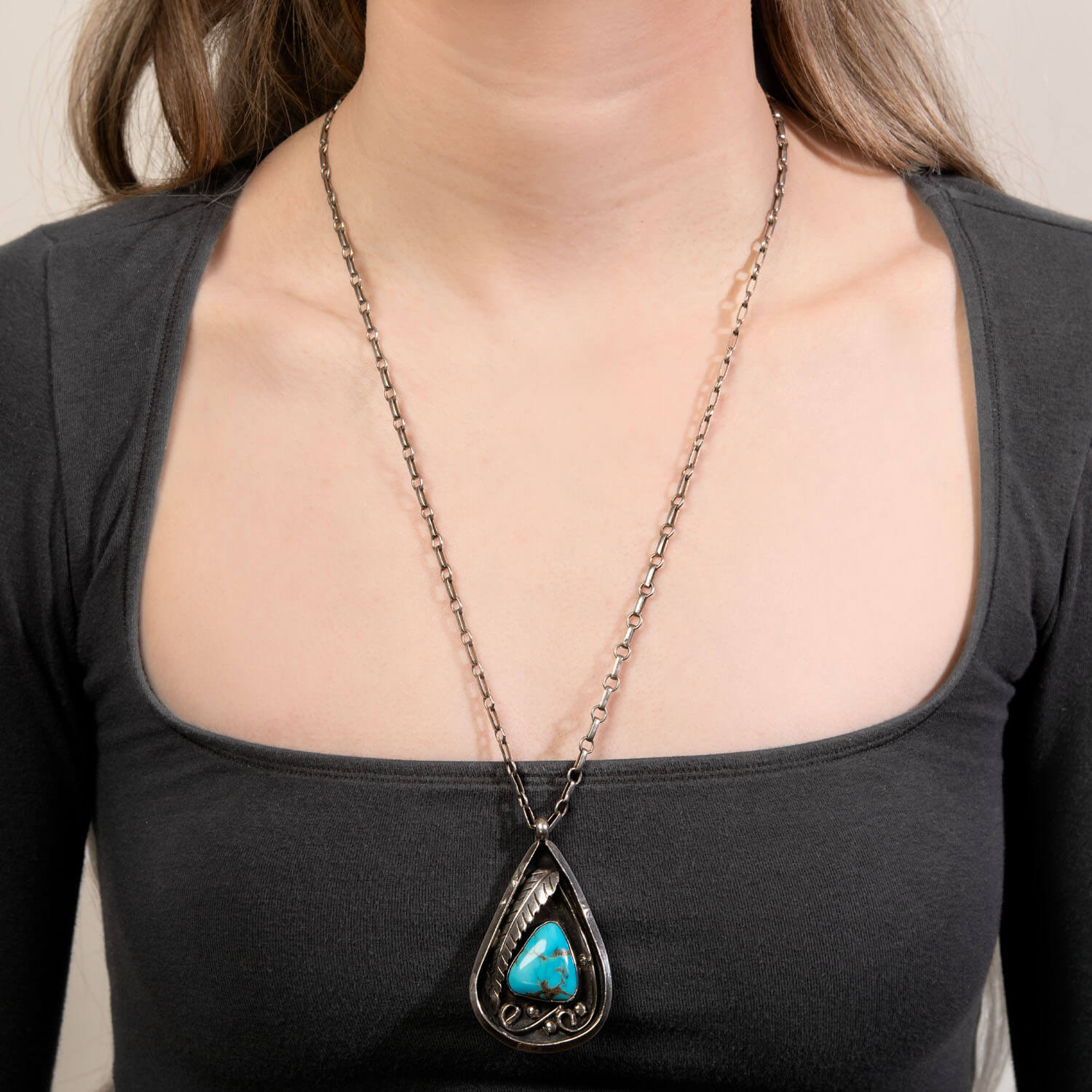 Vintage Sterling Silver Turquoise Teardrop Pin/Pendant Necklace