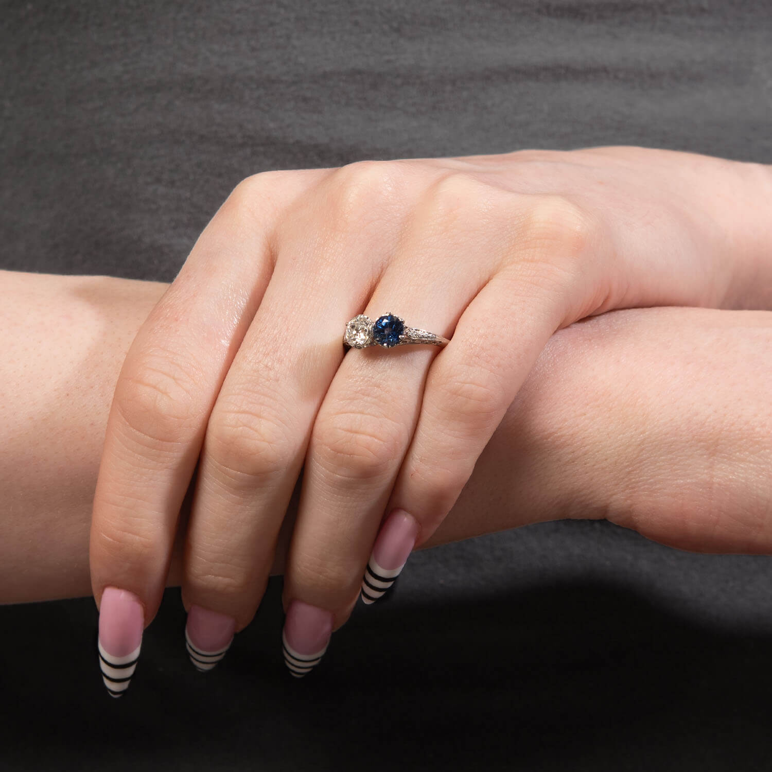 Edwardian Platinum Sapphire & Diamond Bypass Ring