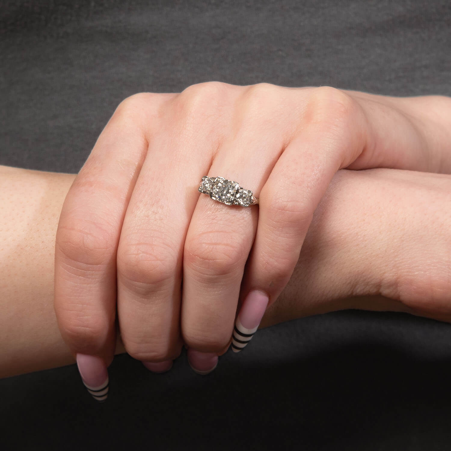 Art Deco Palladium Diamond Three Stone Ring