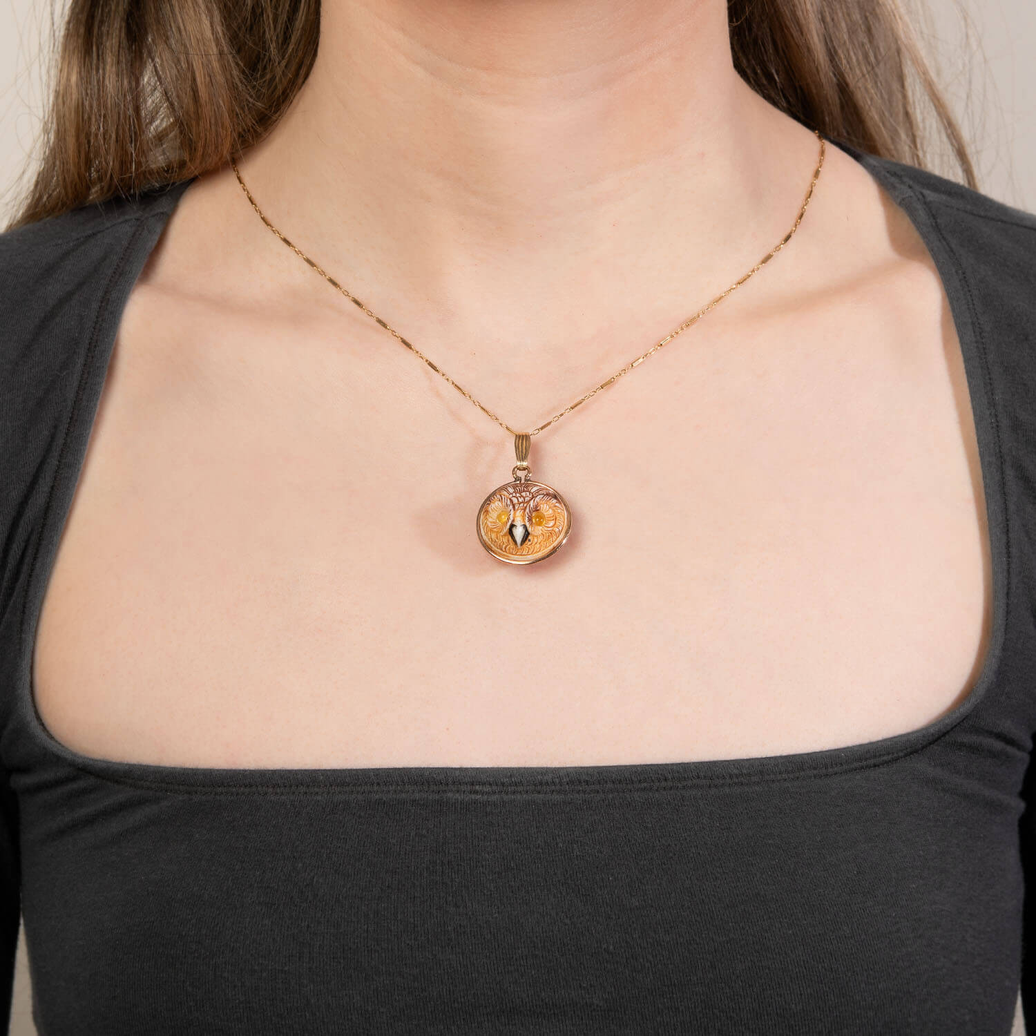 Art Nouveau Gold-Filled Celluloid & Glass Owl Pendant/Charm