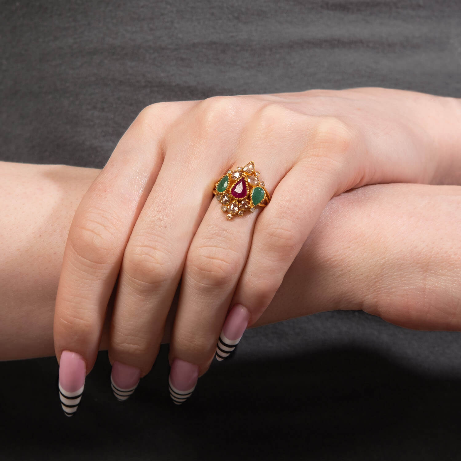 ANJANEY JEWELRY Estate Indian 22k Ruby, Emerald, & Diamond Ring