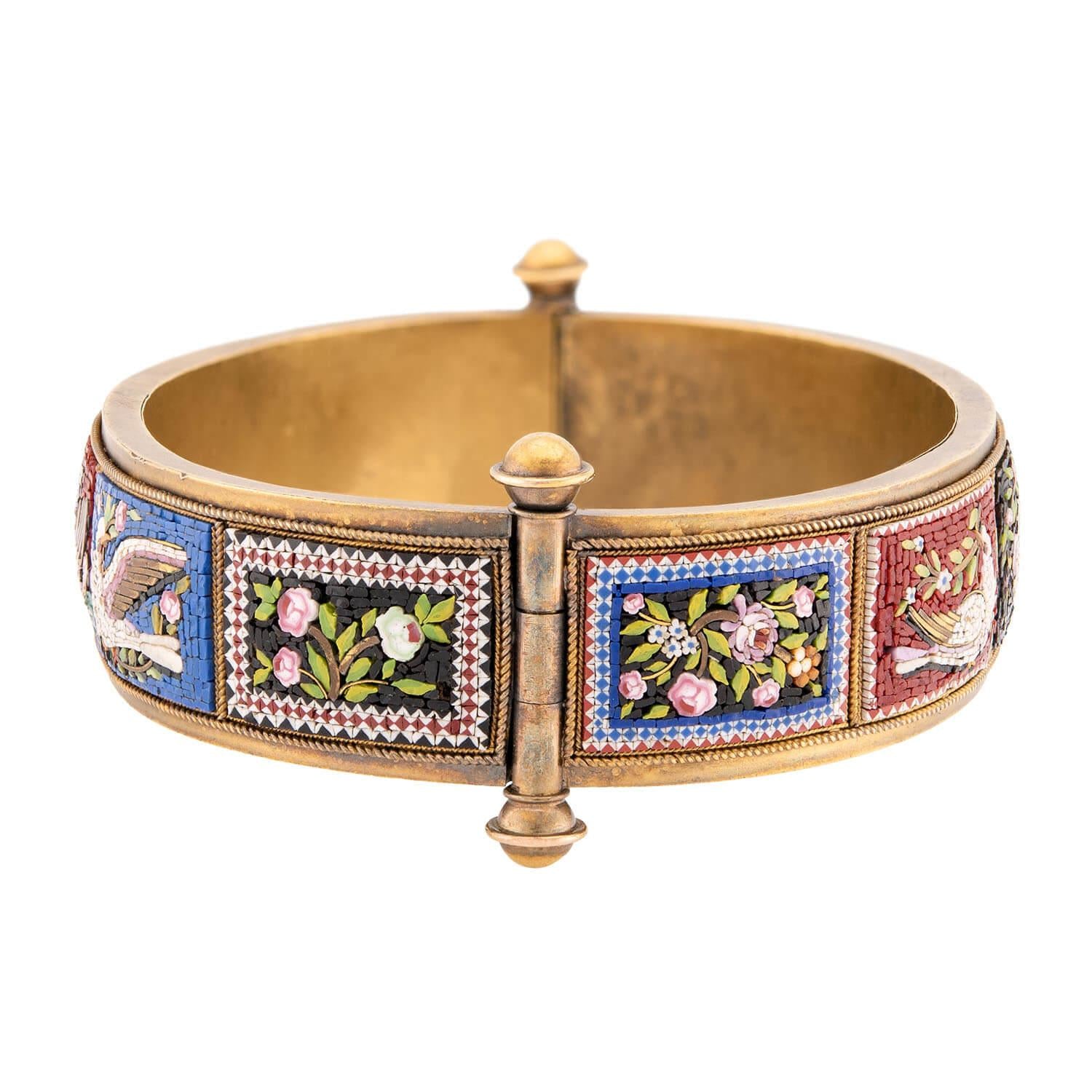 Victorian 18k Micro Mosaic Swan & Floral Motif Bangle