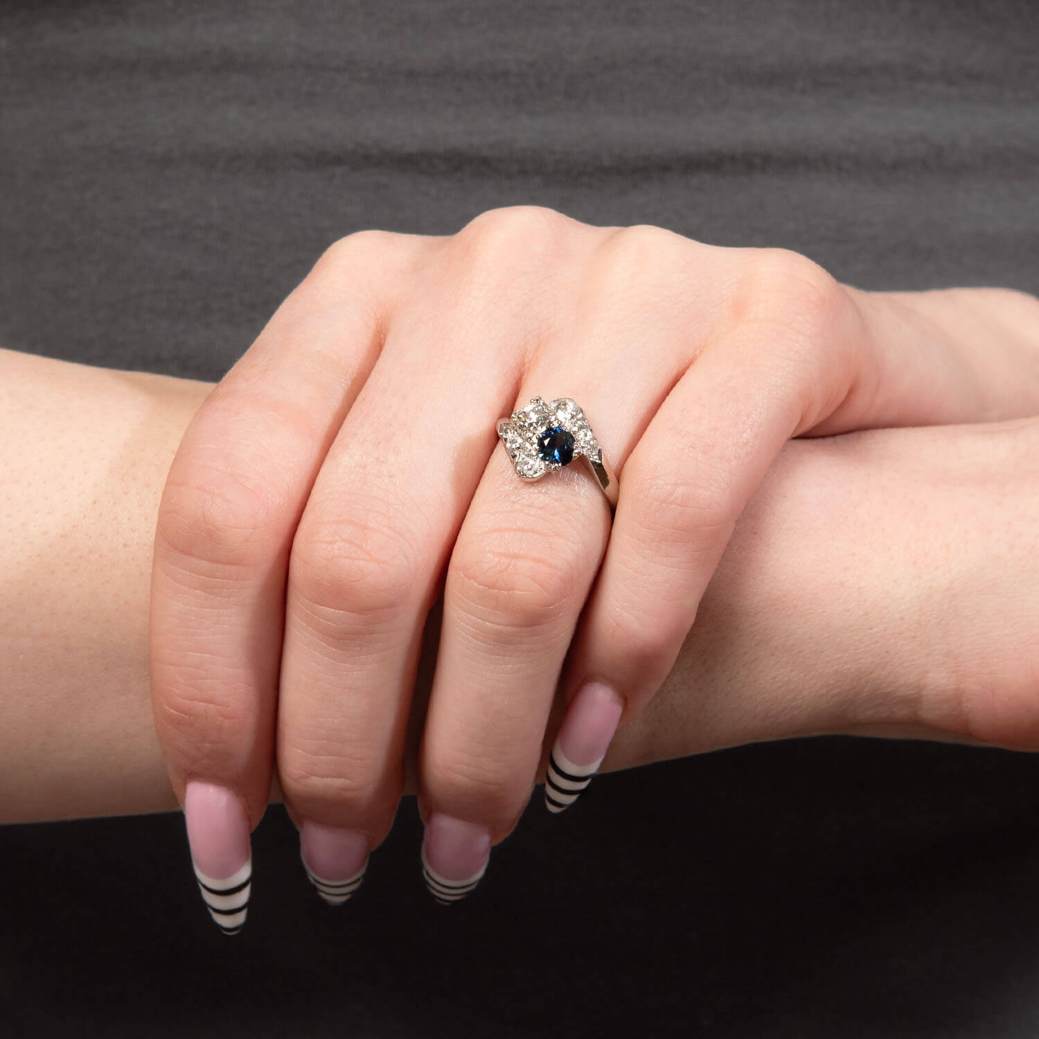 Art Deco Palladium Diamond & Sapphire Bypass Ring