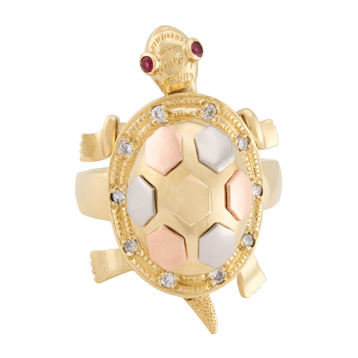 Estate 10k Mixed Metal Diamond & Ruby Turtle Ring
