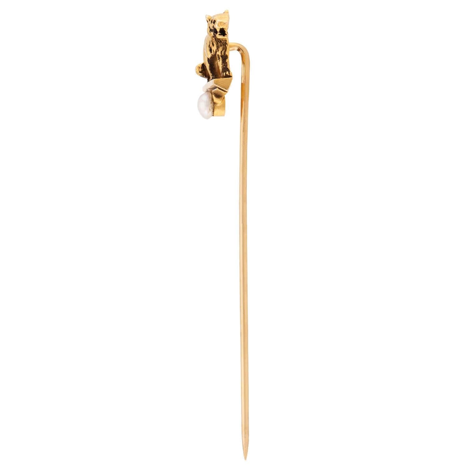 HENRY BLANK & CO. Art Deco 14k Pearl Tiger Stick Pin