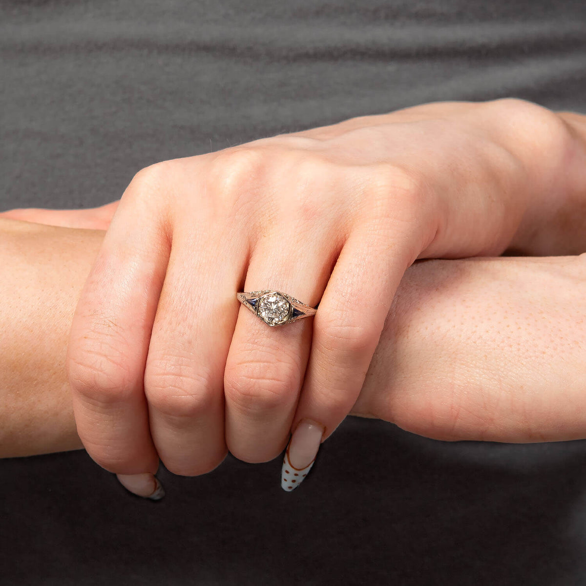 Art Deco 18k Diamond & Sapphire Engagement Ring .73ct