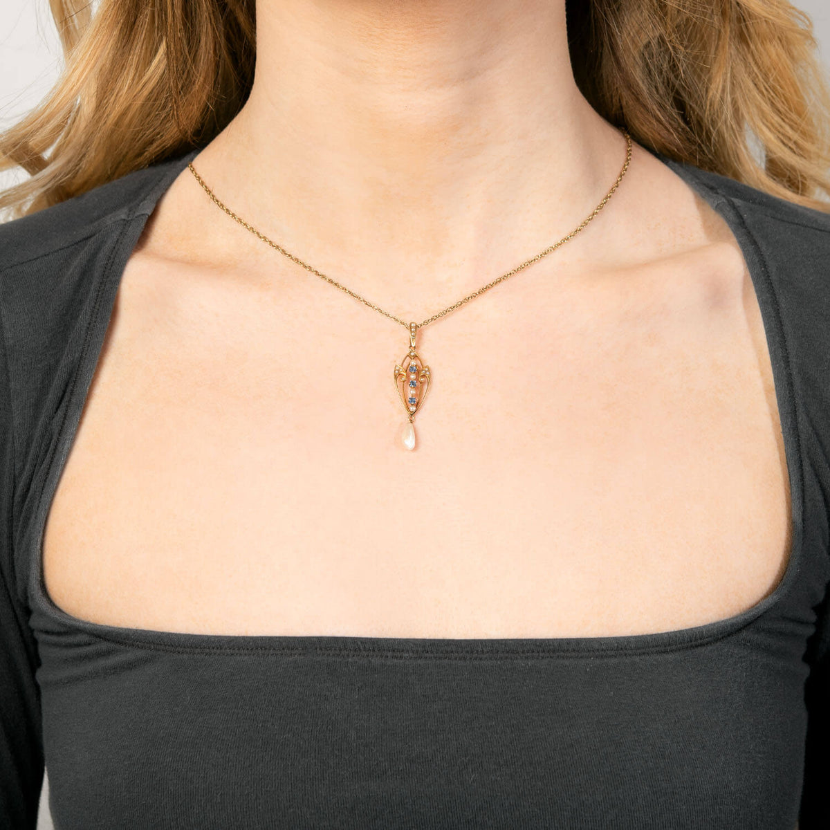 KREMENTZ & CO. Art Nouveau 14k Pearl & Sapphire Lavalier Pendant/Charm