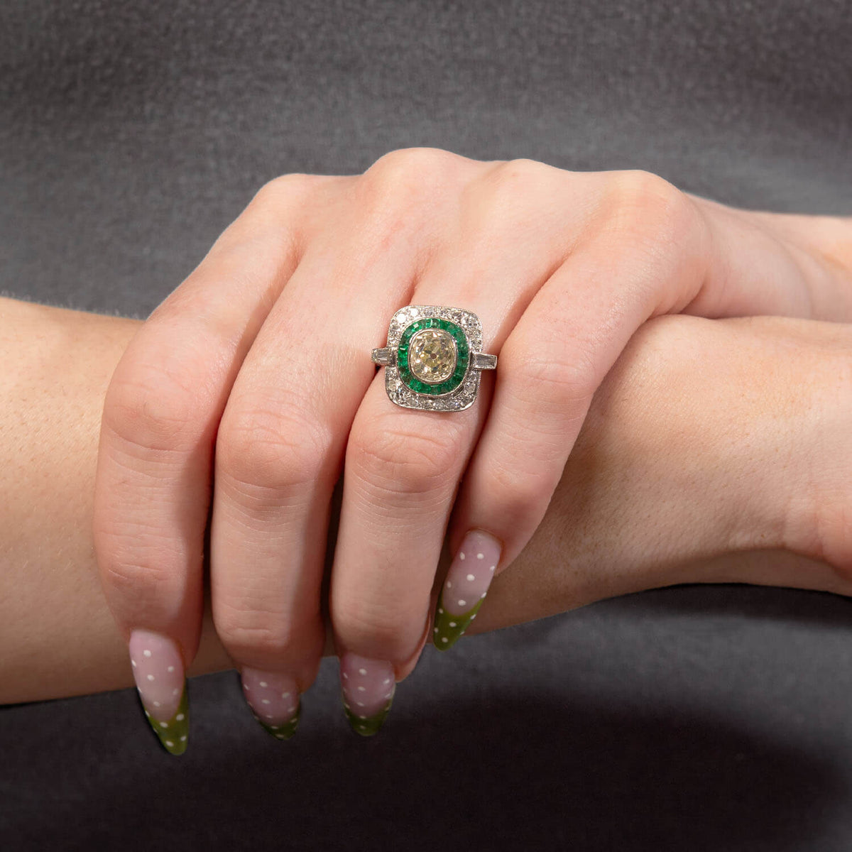 Art Deco Platinum Diamond & Emerald Engagement Ring 2.10ct