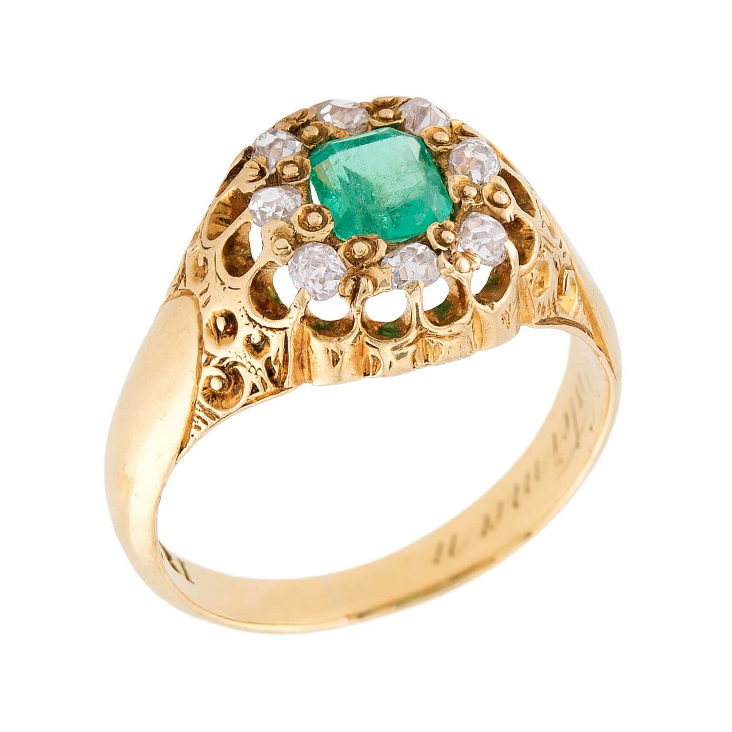 Victorian 18k Emerald & Diamond Halo Ring