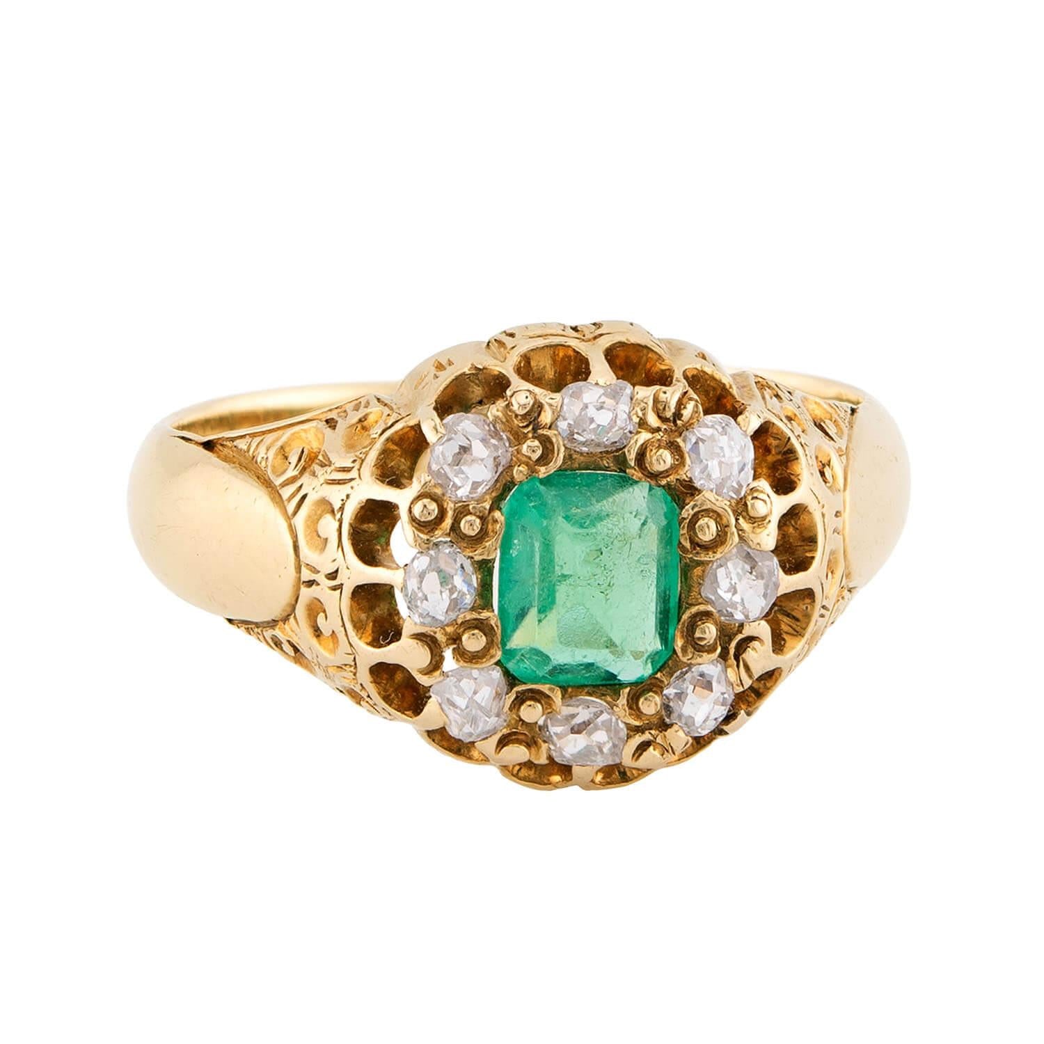 Victorian 18k Emerald & Diamond Halo Ring