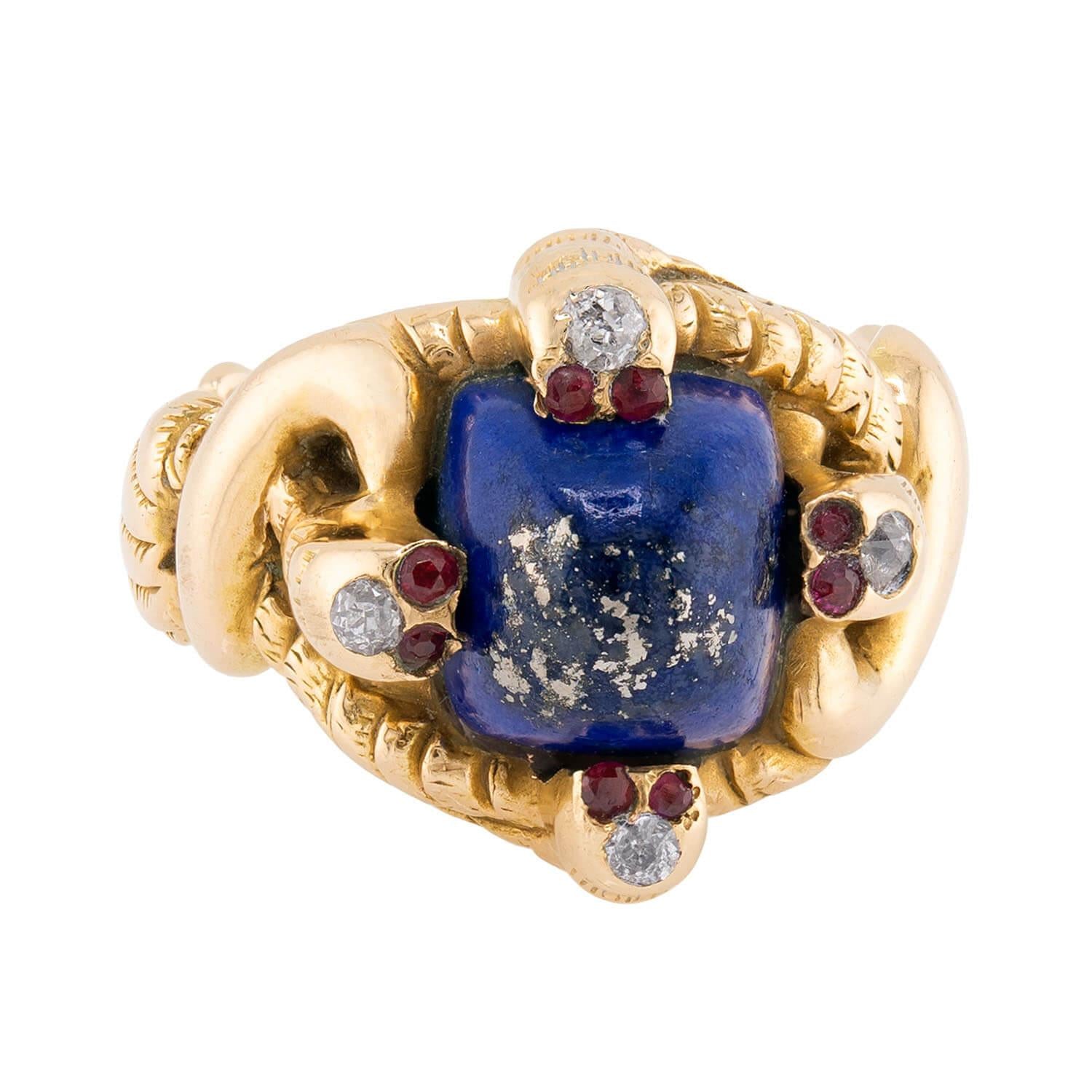 Victorian 14k Lapis, Ruby, & Diamond Snake Ring