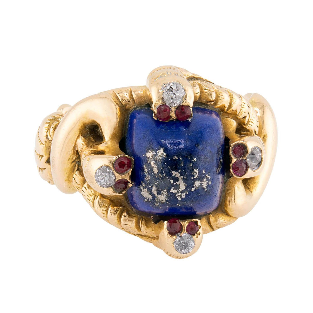 Victorian 14k Lapis, Ruby, & Diamond Snake Ring