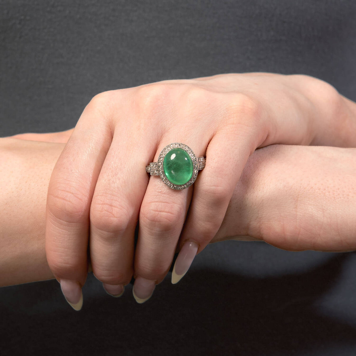 Art Deco Platinum Emerald & Diamond Halo Ring