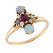 Victorian 14k Ruby, Opal, & Pearl Navette Ring