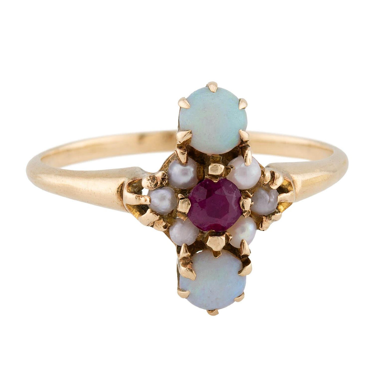 Victorian 14k Ruby, Opal, & Pearl Navette Ring