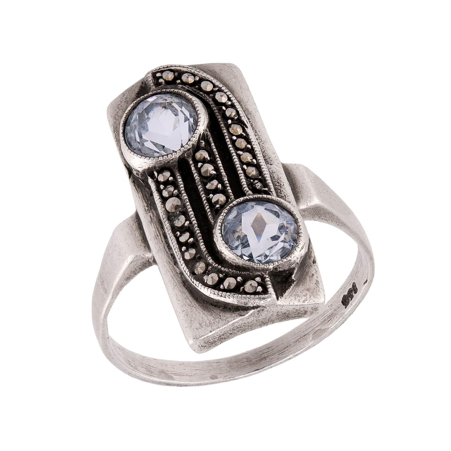 JUGENDSTIL Art Nouveau German Sterling Silver Aqua & Marcasite Ring
