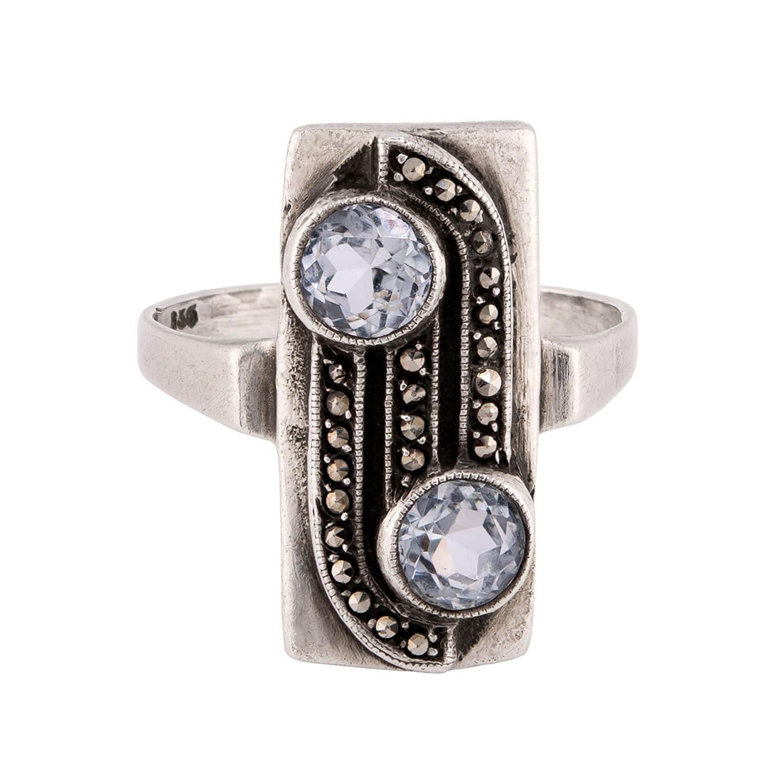 JUGENDSTIL Art Nouveau German Sterling Silver Aqua & Marcasite Ring