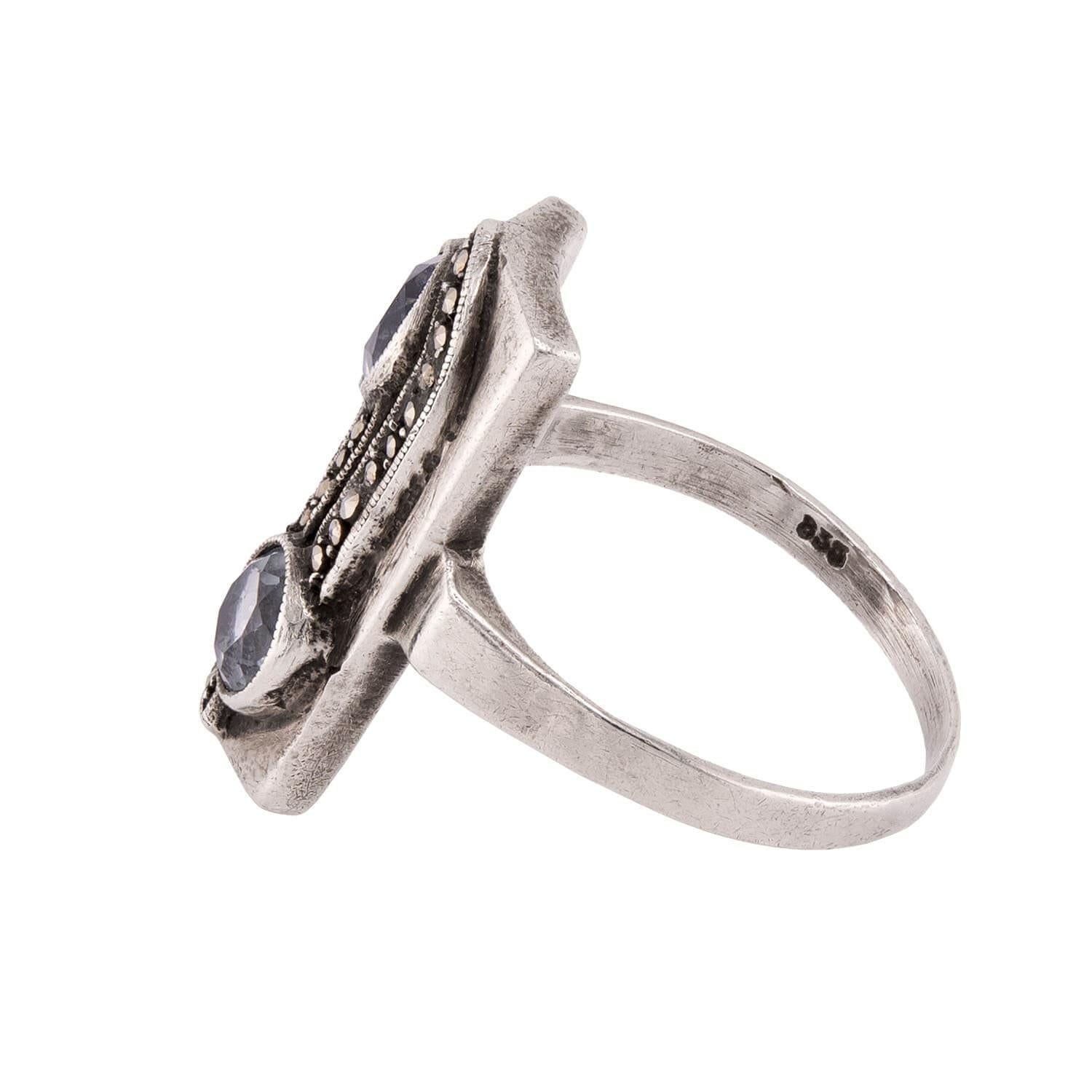 JUGENDSTIL Art Nouveau German Sterling Silver Aqua & Marcasite Ring