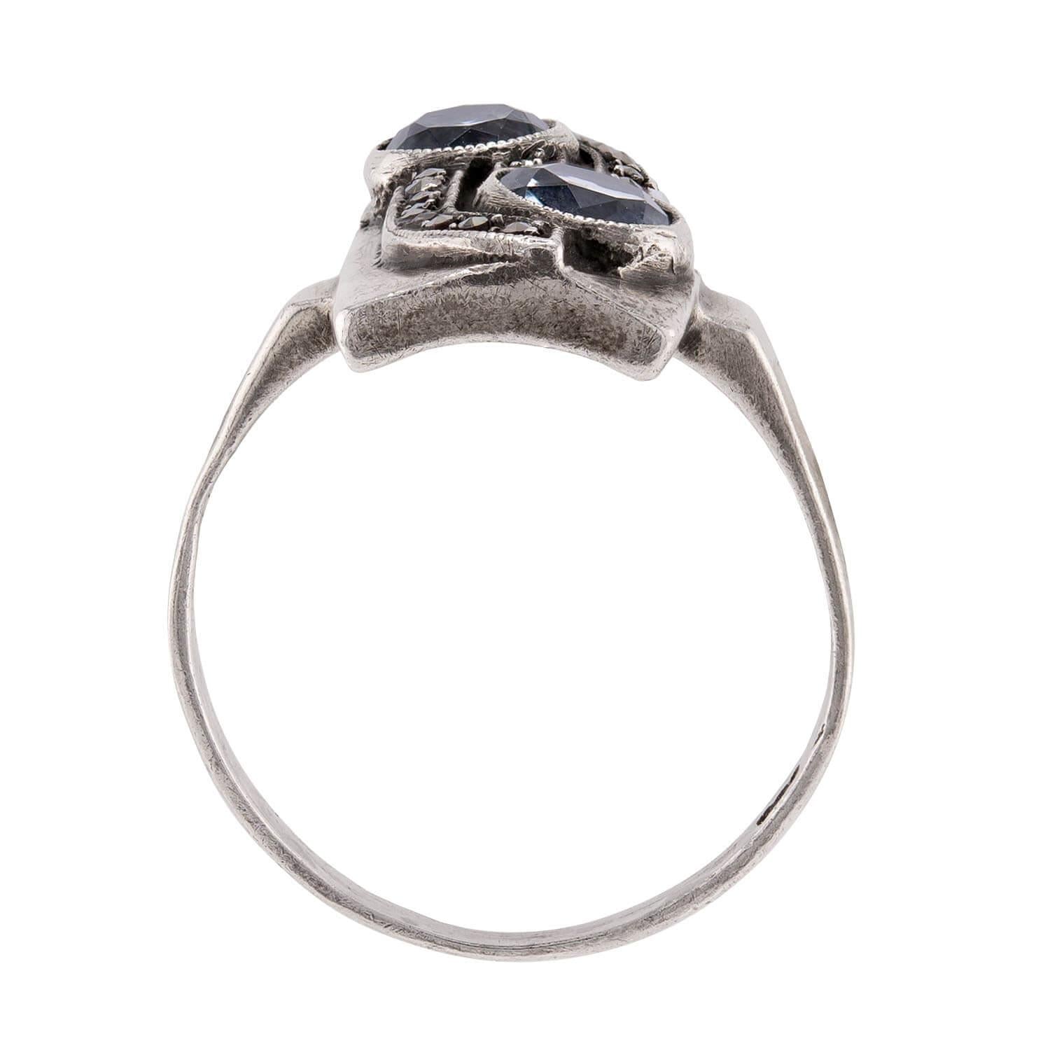 JUGENDSTIL Art Nouveau German Sterling Silver Aqua & Marcasite Ring