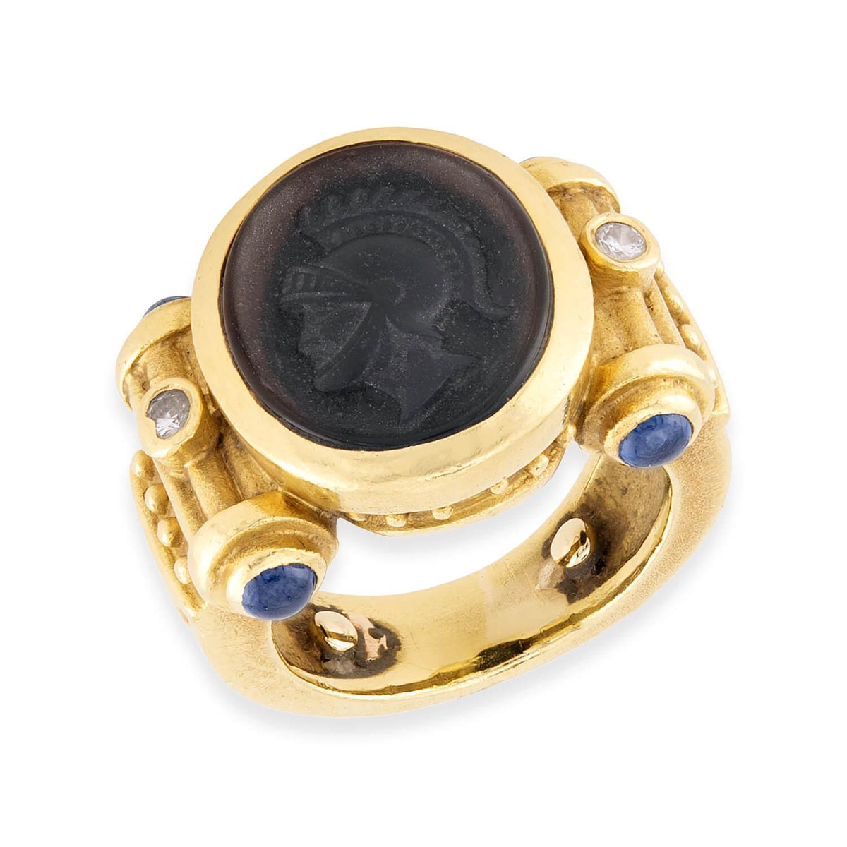Estate 18k Carved Onyx, Sapphire, & Diamond Intaglio Ring