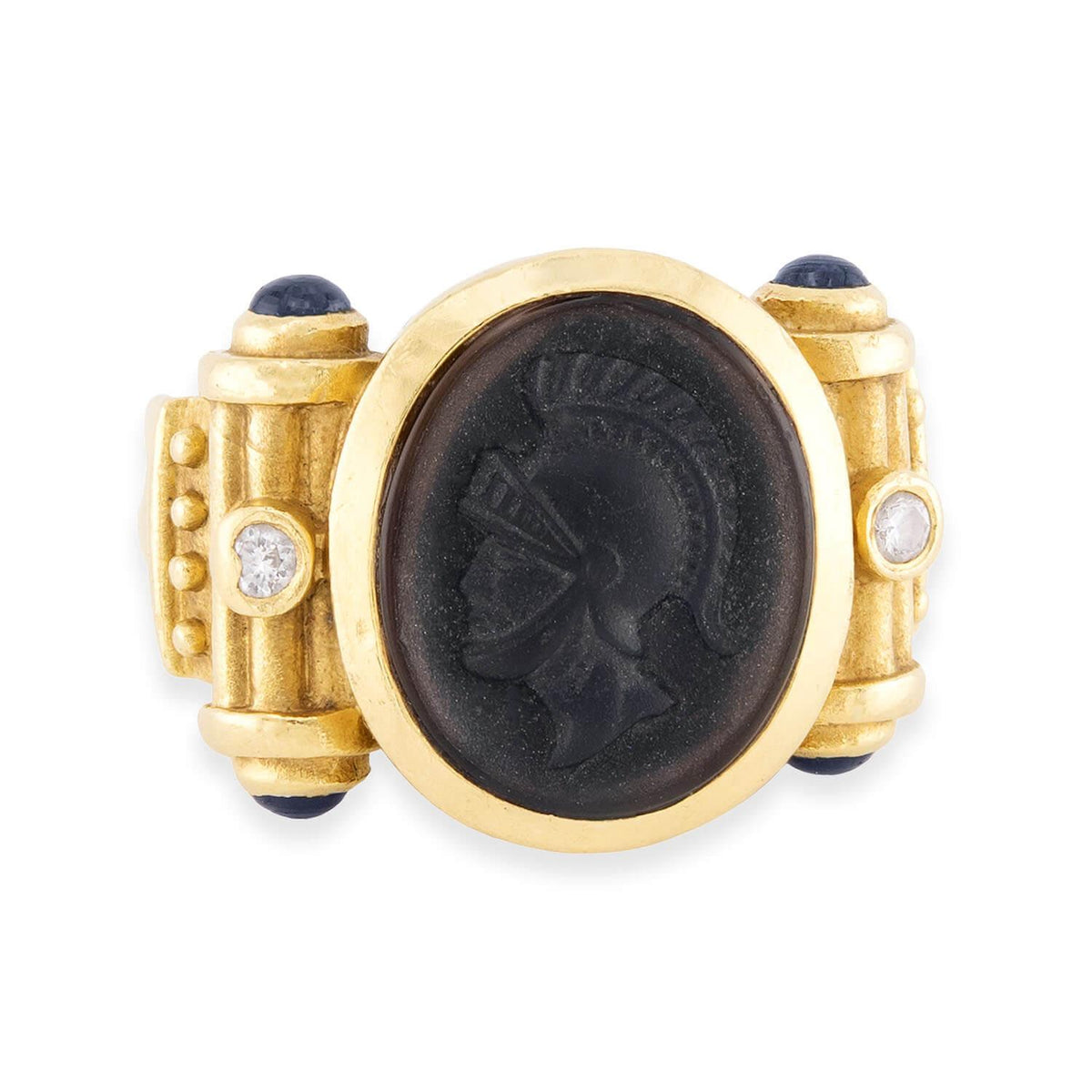 Estate 18k Carved Onyx, Sapphire, & Diamond Intaglio Ring