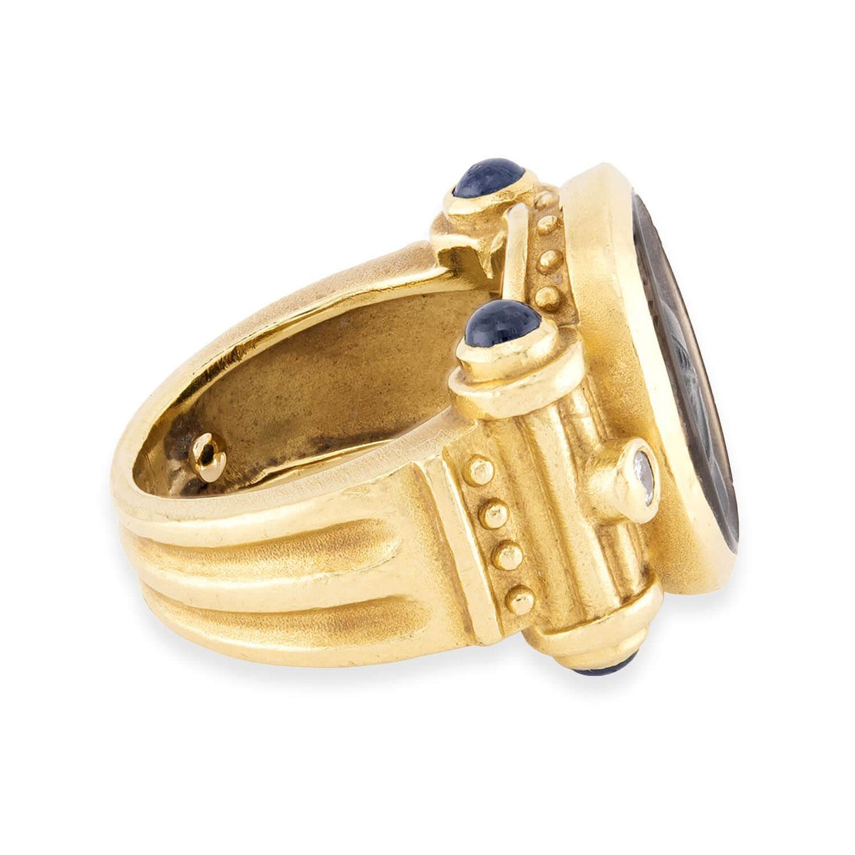 Estate 18k Carved Onyx, Sapphire, & Diamond Intaglio Ring
