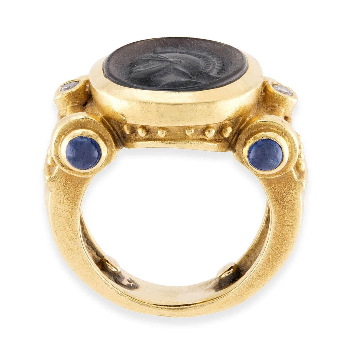 Estate 18k Carved Onyx, Sapphire, & Diamond Intaglio Ring