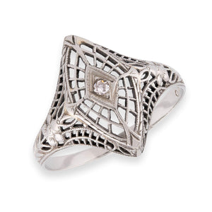 Art Deco 14k Diamond Filigree Navette Ring
