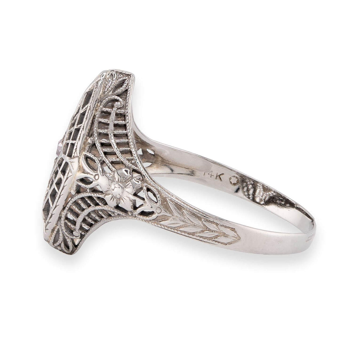 Art Deco 14k Diamond Filigree Navette Ring