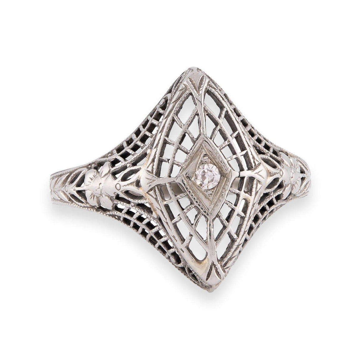 Art Deco 14k Diamond Filigree Navette Ring