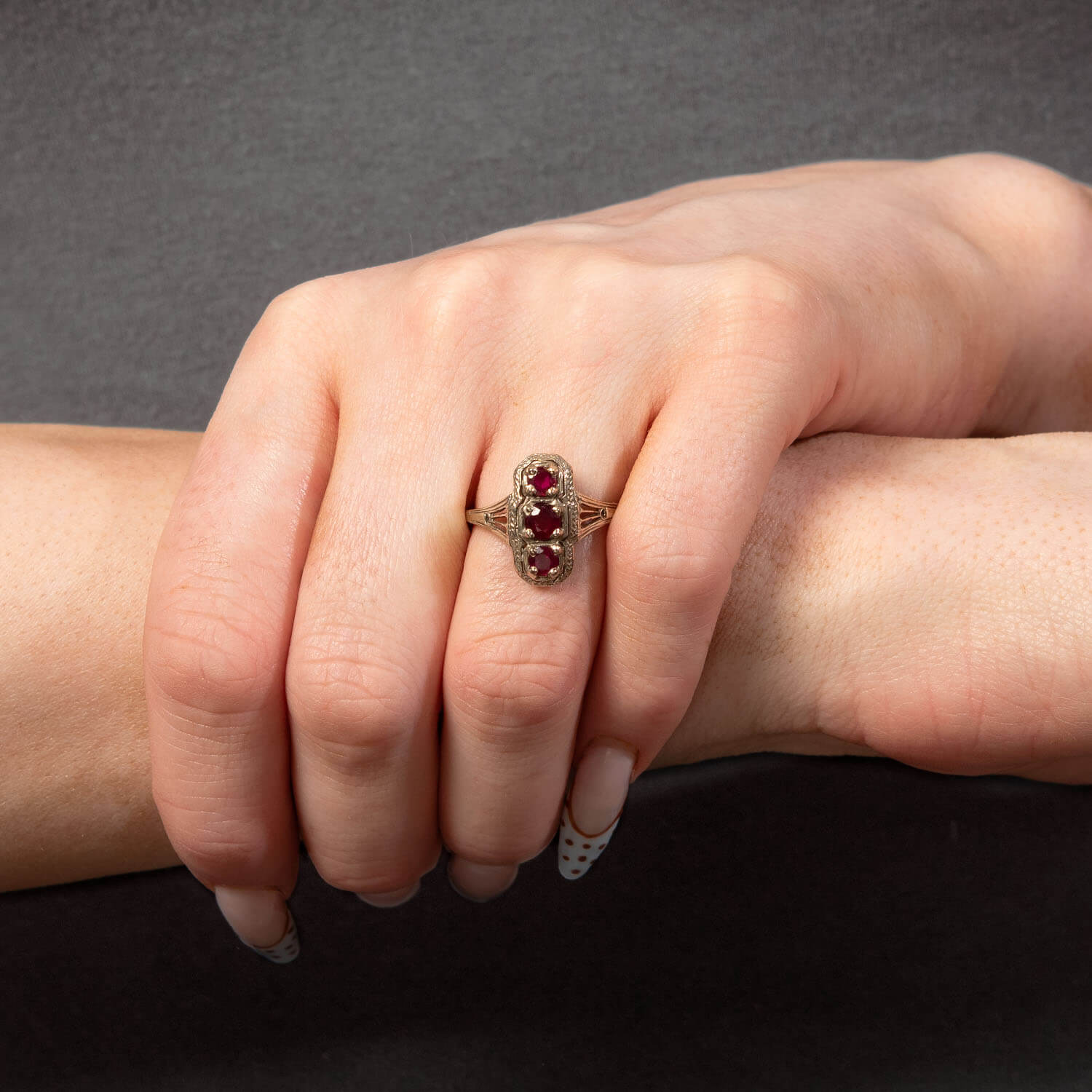Art Deco 14k Ruby .60ctw Navette filigree Ring