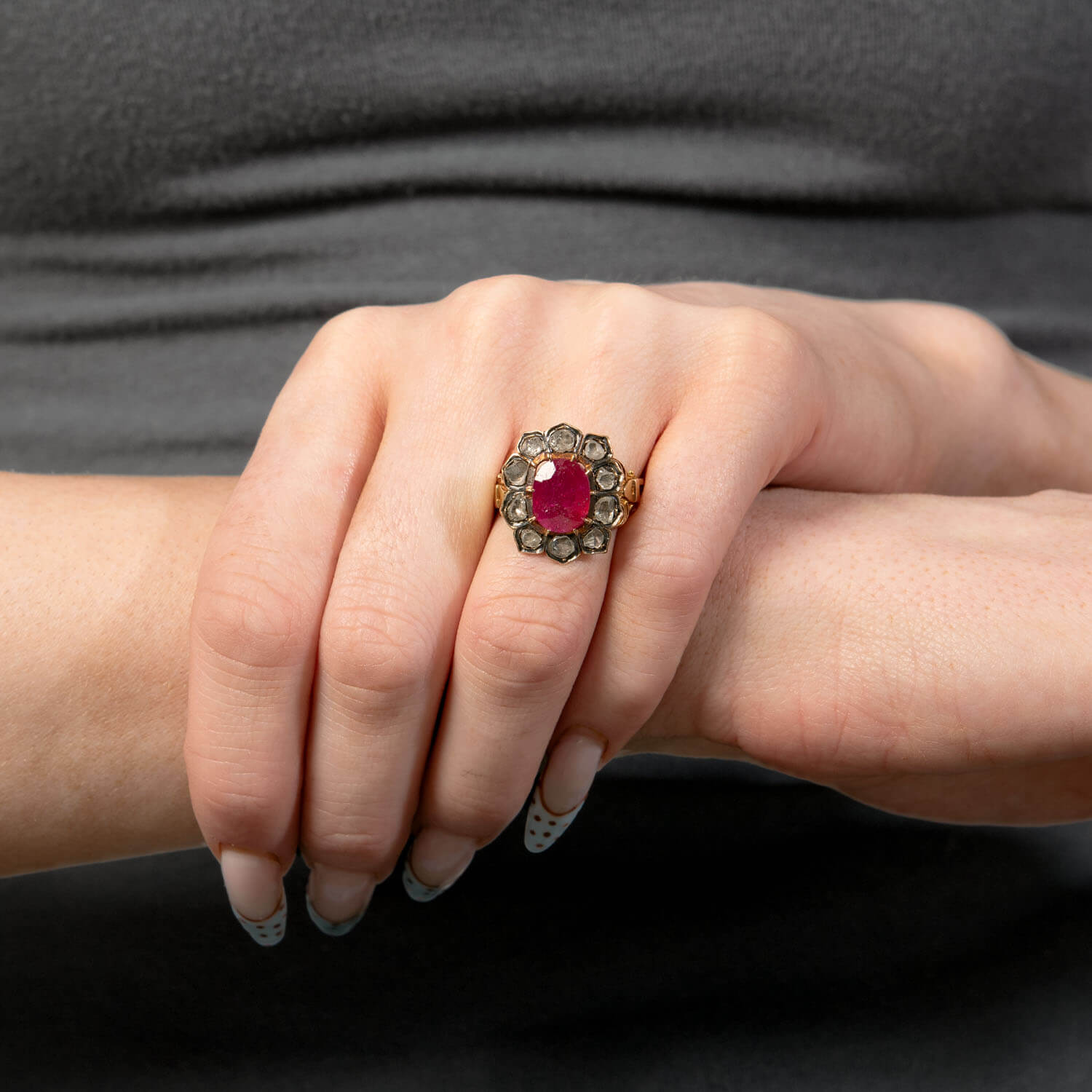 Victorian 18k/Silver 3ct Ruby & Diamond Halo Ring