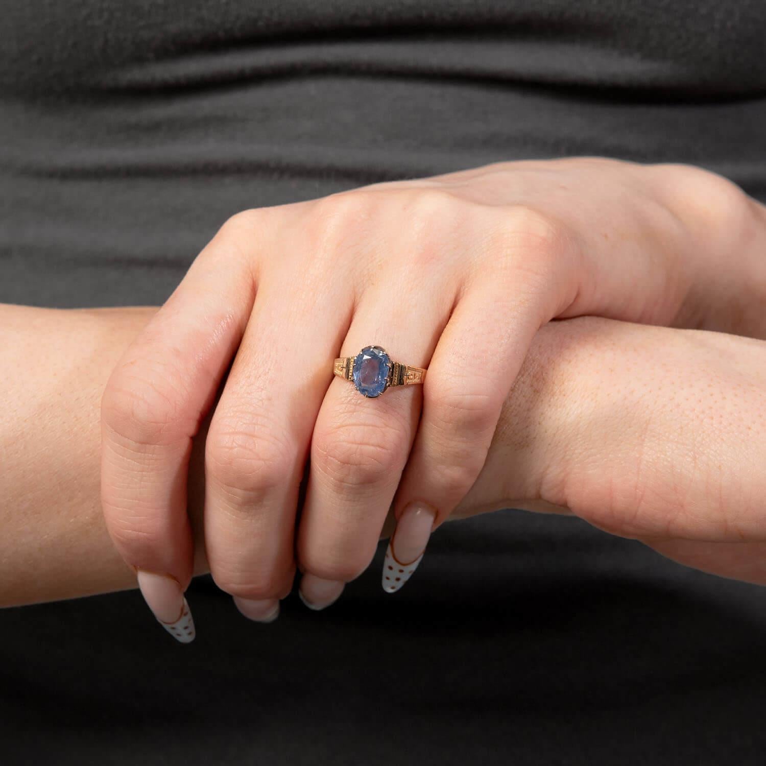 Victorian 14k/Sterling Silver Ceylon Sapphire Enamel Ring