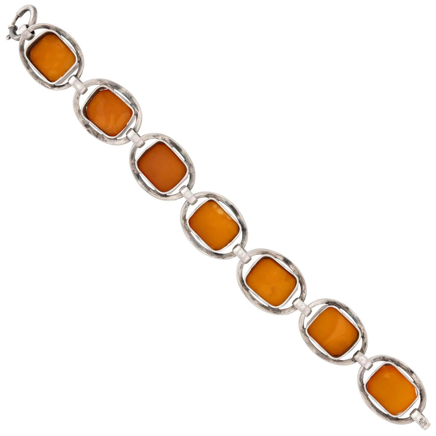 Art Deco 800 Silver Butterscotch Amber Link Bracelet