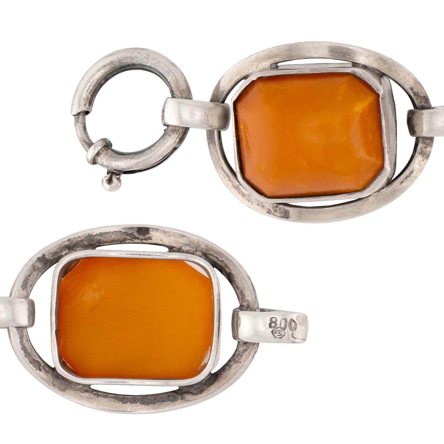 Art Deco 800 Silver Butterscotch Amber Link Bracelet