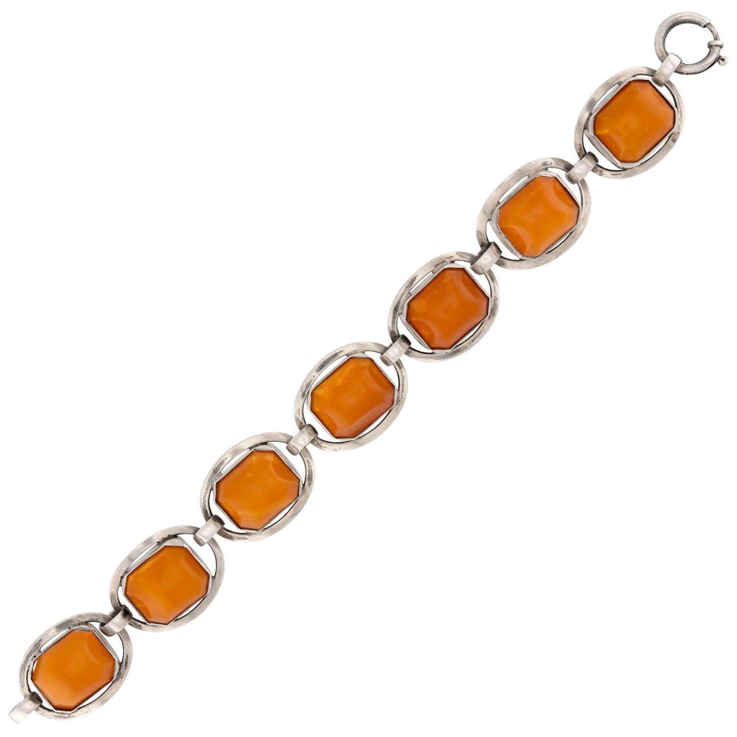 Art Deco 800 Silver Butterscotch Amber Link Bracelet