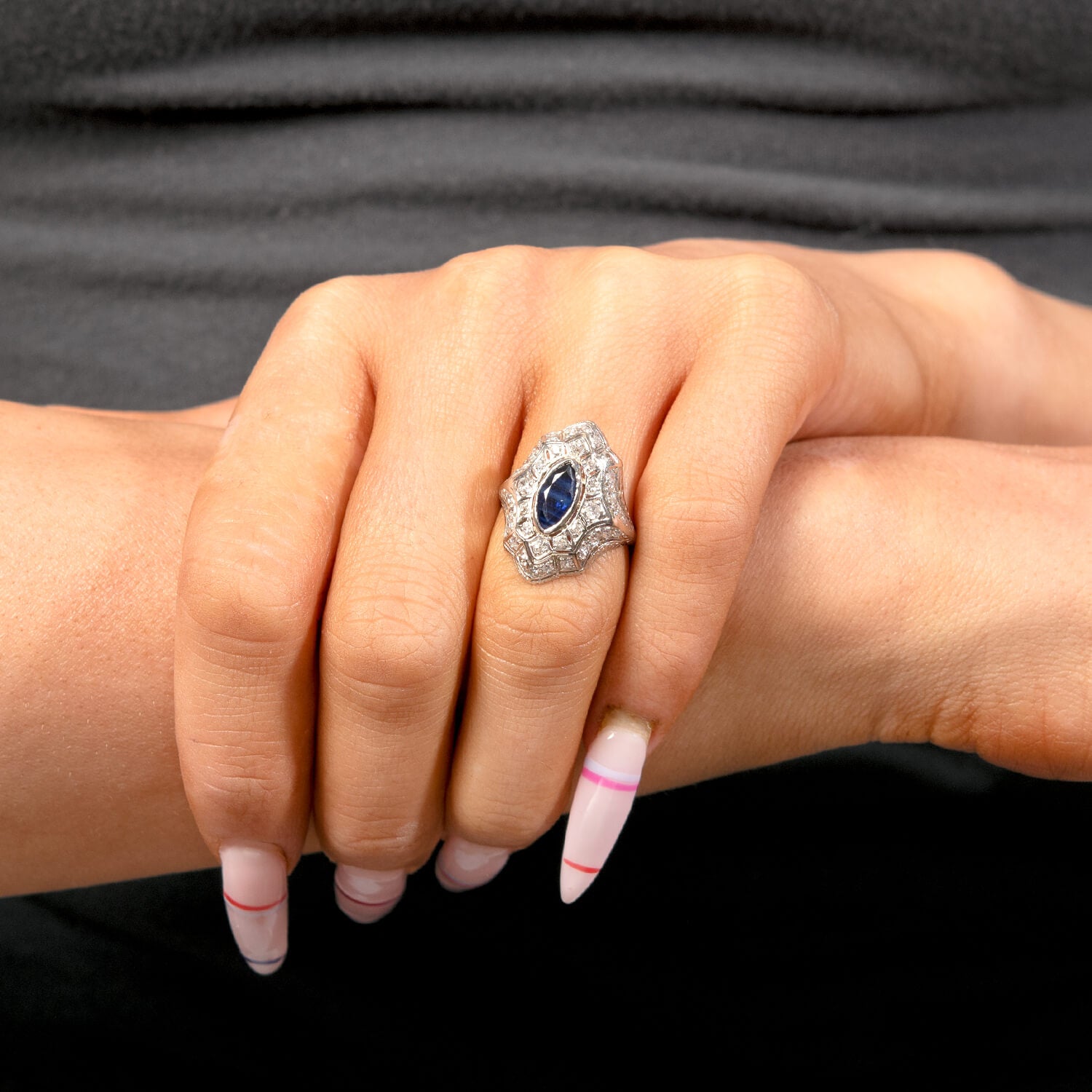 Art Deco Platinum Sapphire & Diamond Navette Ring