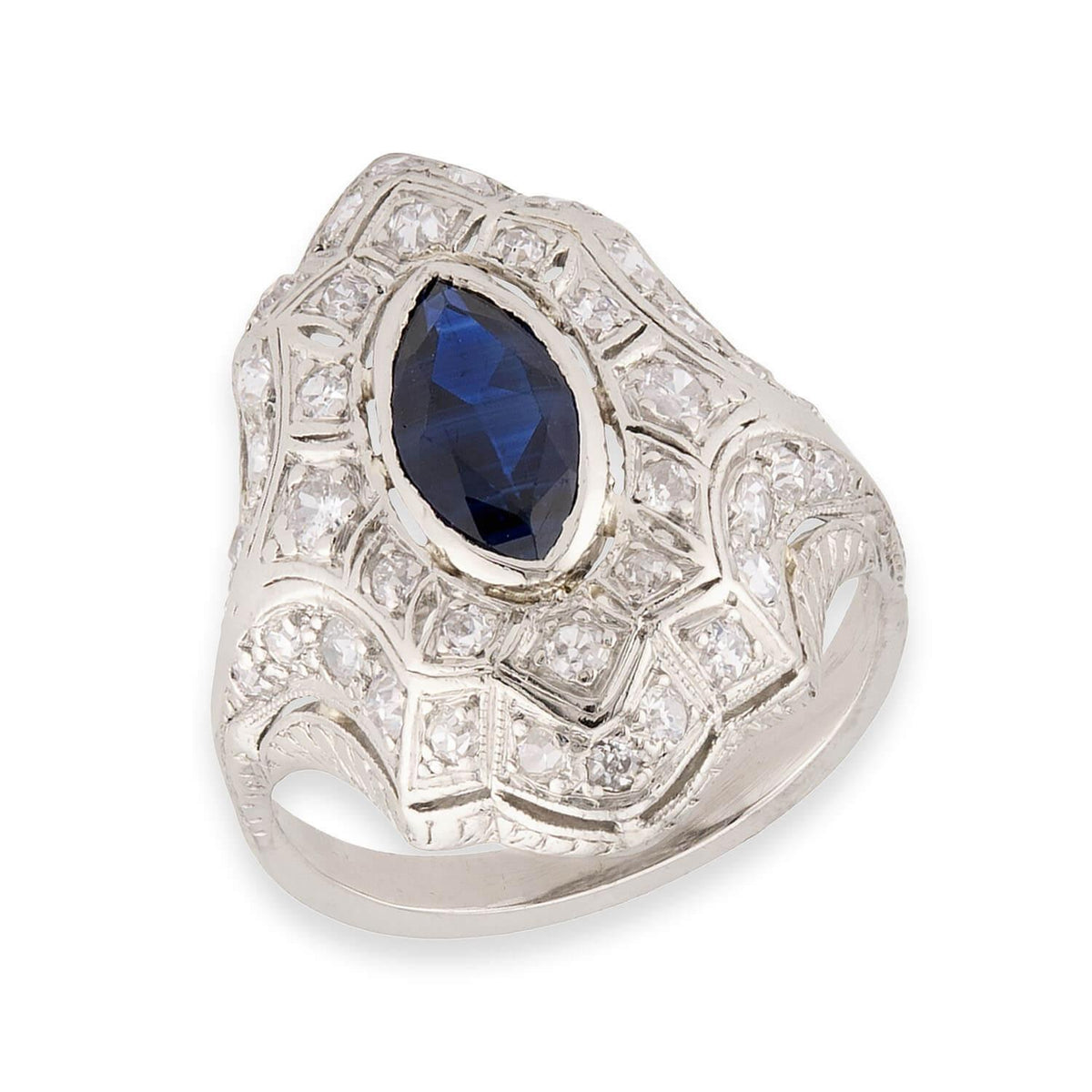 Art Deco Platinum Sapphire & Diamond Navette Ring
