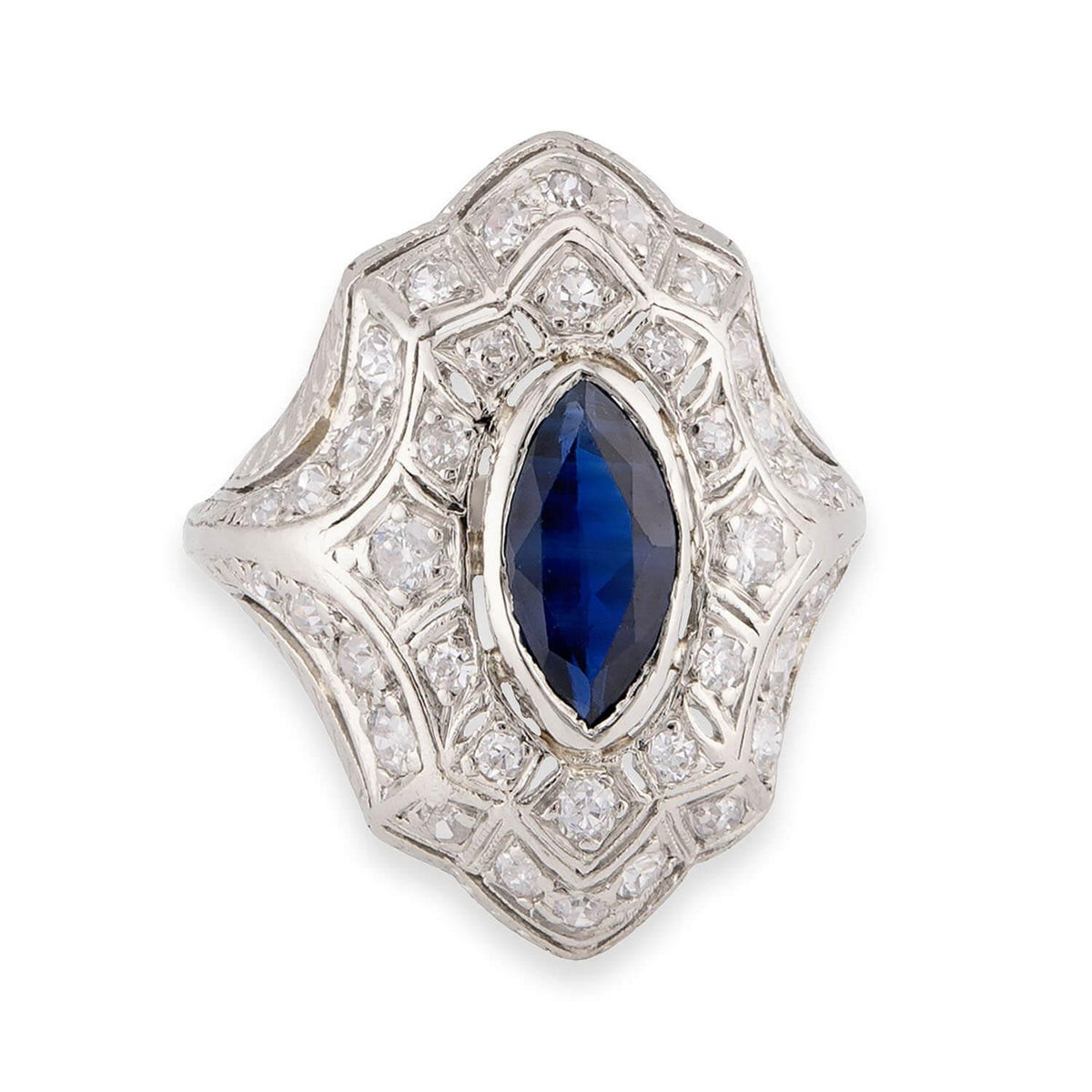 Art Deco Platinum Sapphire & Diamond Navette Ring