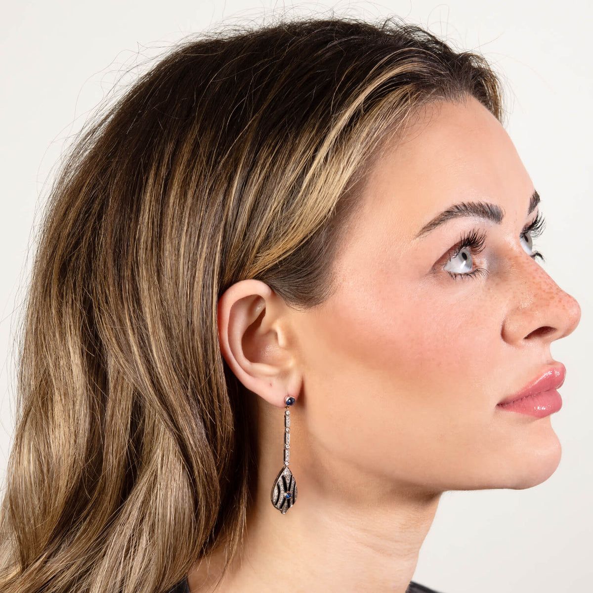 Estate 14k Sapphire, Diamond, & Onyx Drop Earrings