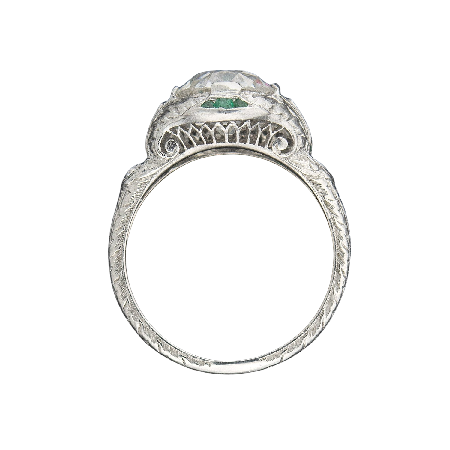 Art Deco Platinum Diamond + Emerald Engagement Ring 2.36ctw Center