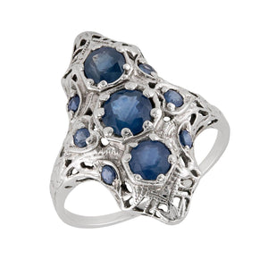 Edwardian 14k Three Stone Sapphire Navette Ring