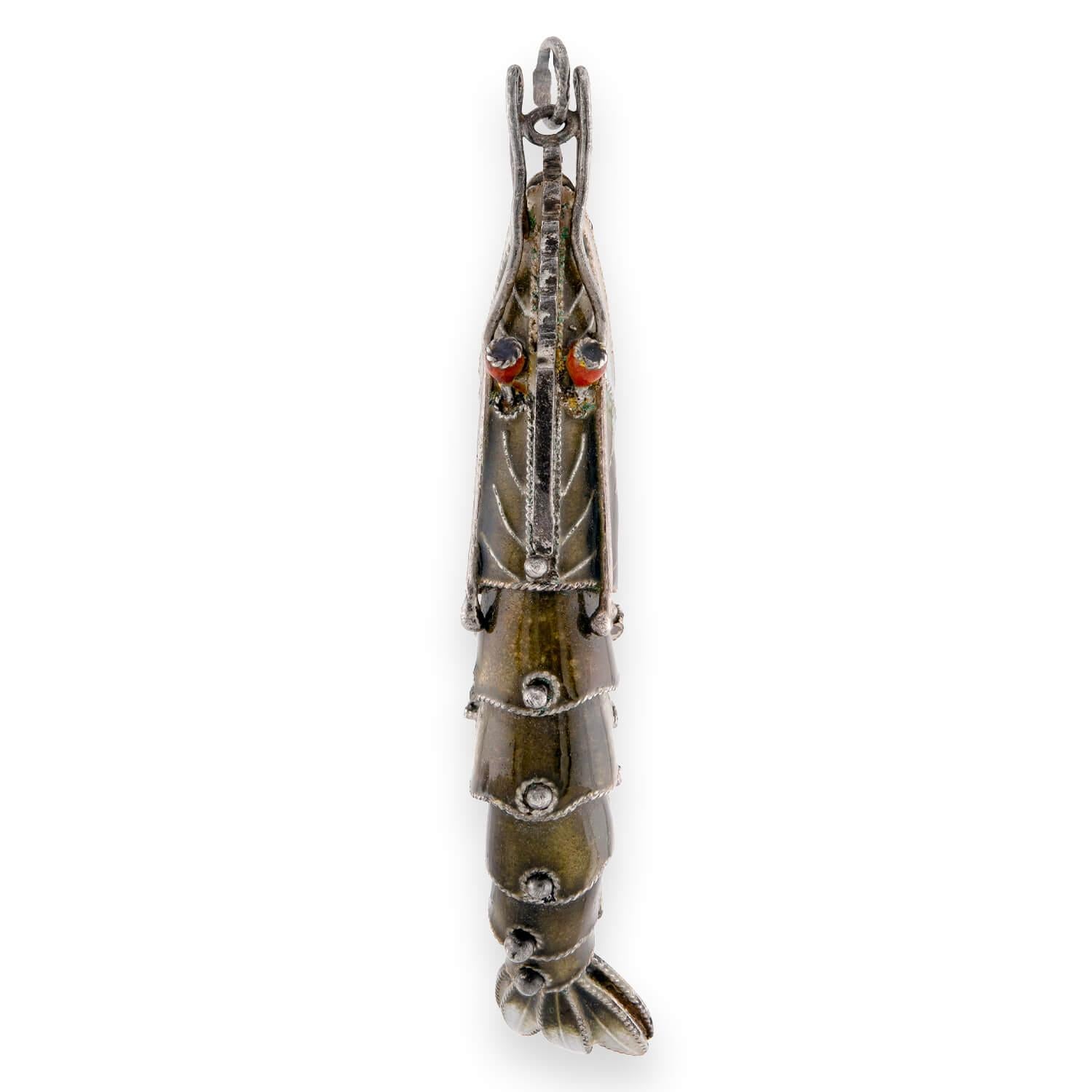 Art Deco Sterling Silver Enamel Crayfish Pendant