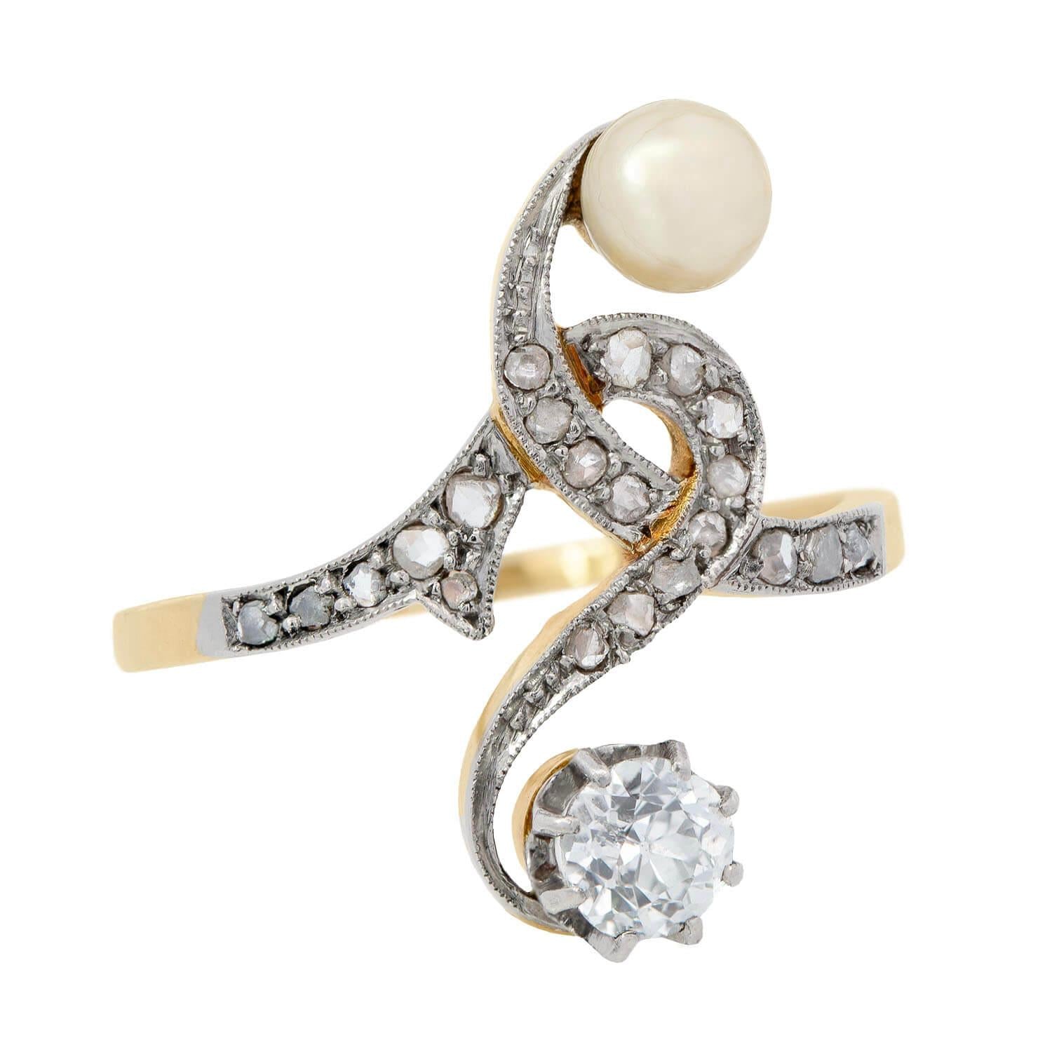 Art Nouveau 14k/Platinum Pearl and Diamond Moi Et Toi Ring