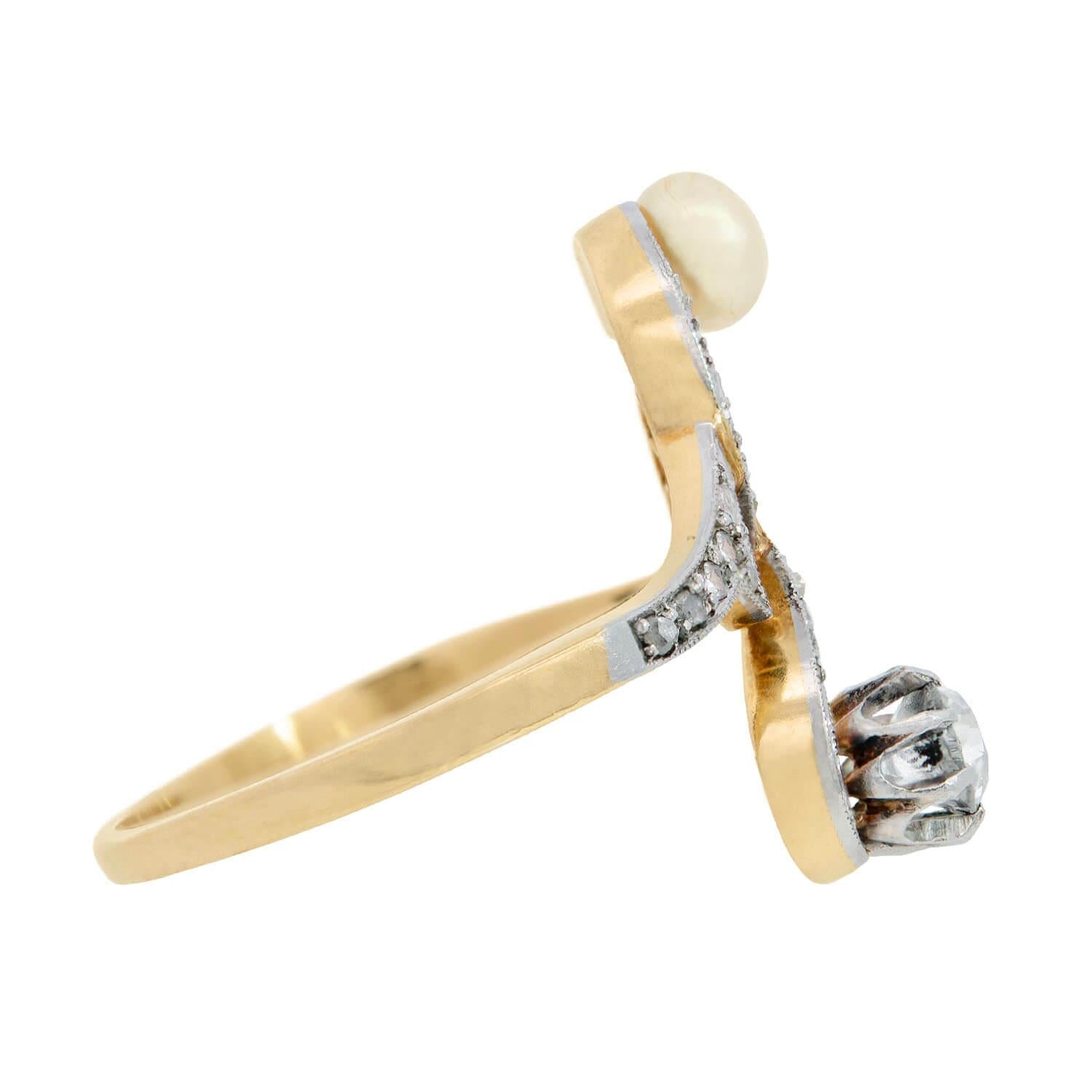 Art Nouveau 14k/Platinum Pearl and Diamond Moi Et Toi Ring