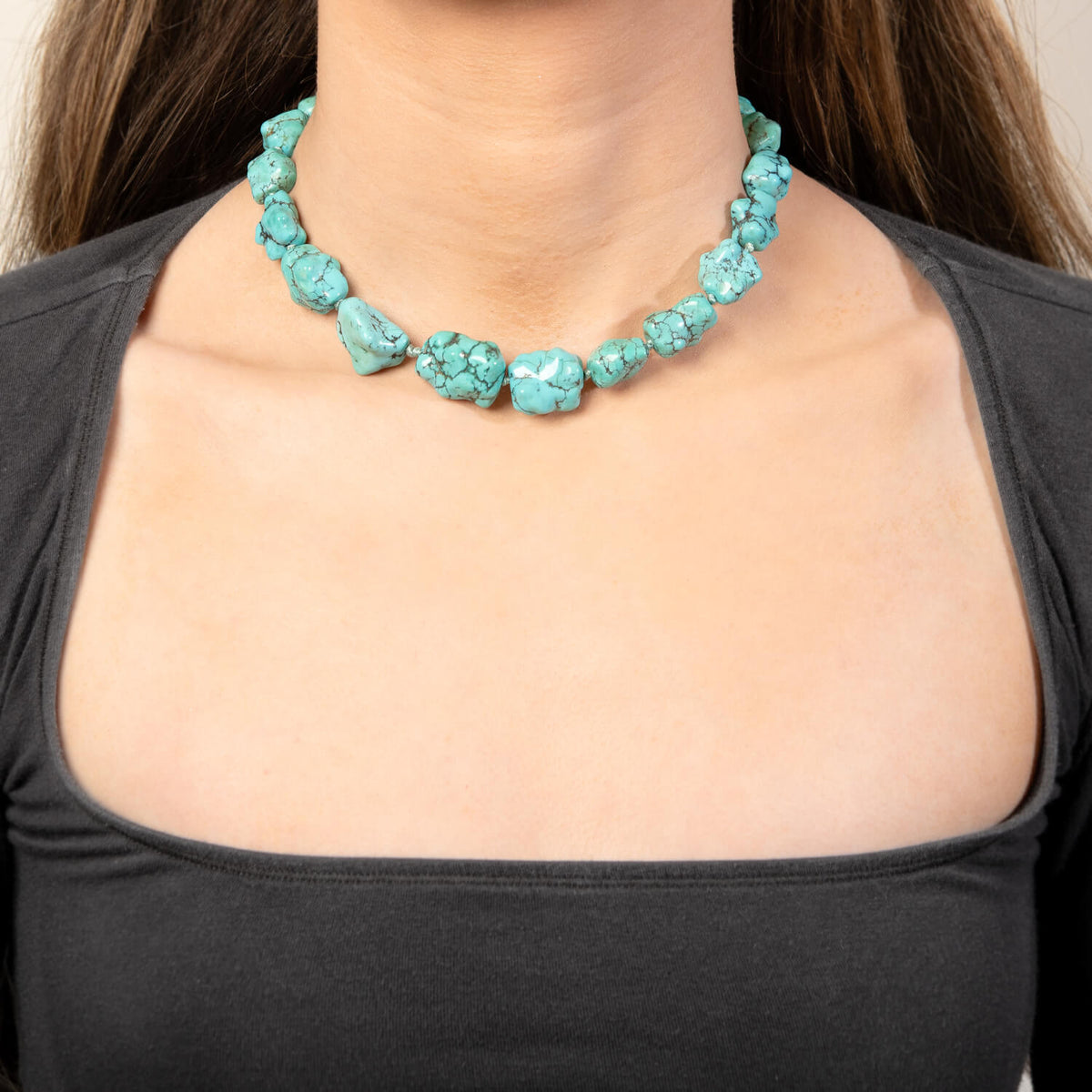 Retro Chinese 14k Turquoise Nugget Necklace