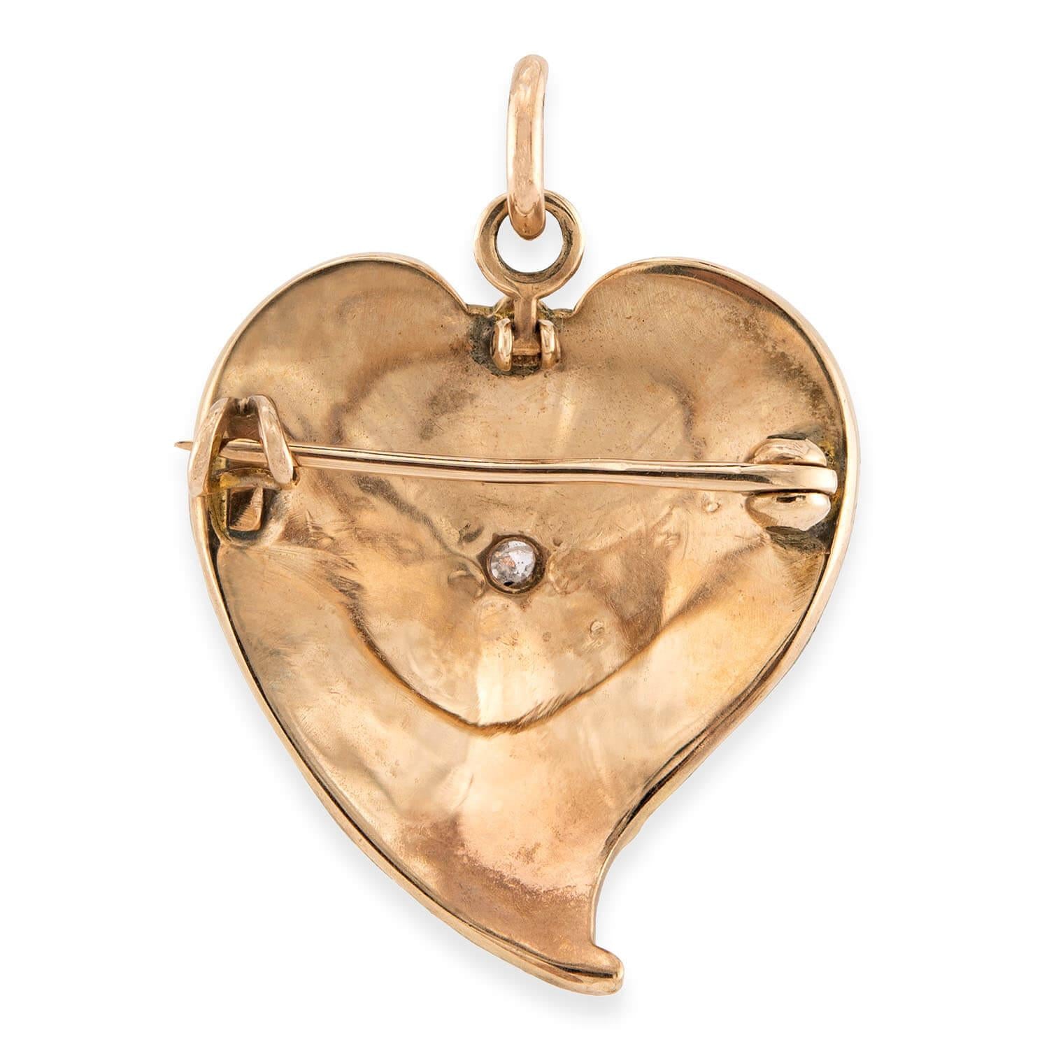 Edwardian 10k Diamond & Pearl Repoussé Heart-Motif Pin/Pendant