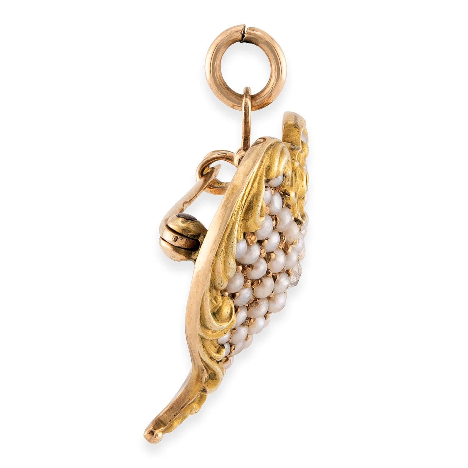 Edwardian 10k Diamond & Pearl Repoussé Heart-Motif Pin/Pendant
