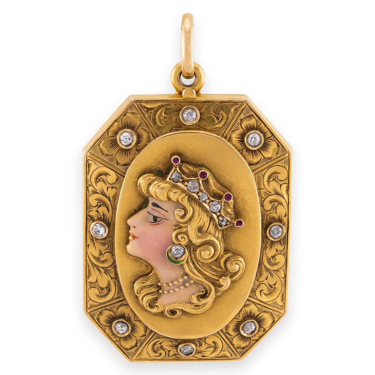 Art Nouveau 15k Enamel, Diamond, & Ruby Repoussé Lady Locket
